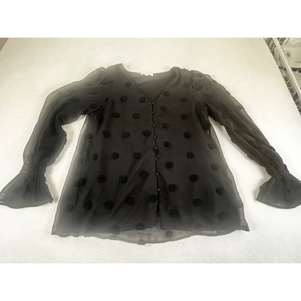 Blu Pepper Blouse Women Small Black Whimsical Pom‎ Pom Sheer Button Up BOFT1031